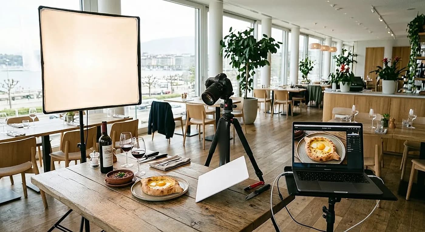 Coulisses : appareil photo, softbox et ordinateur pour photographier des plats dans un restaurant genevois
